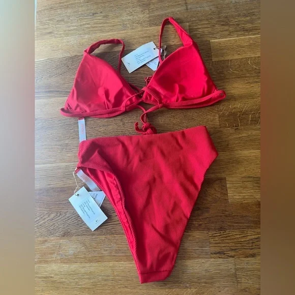 Rihoas The Red Ribbed Cross Back Bikini Top and high waisted bikini bottom Set S - Picture 5 of 8
